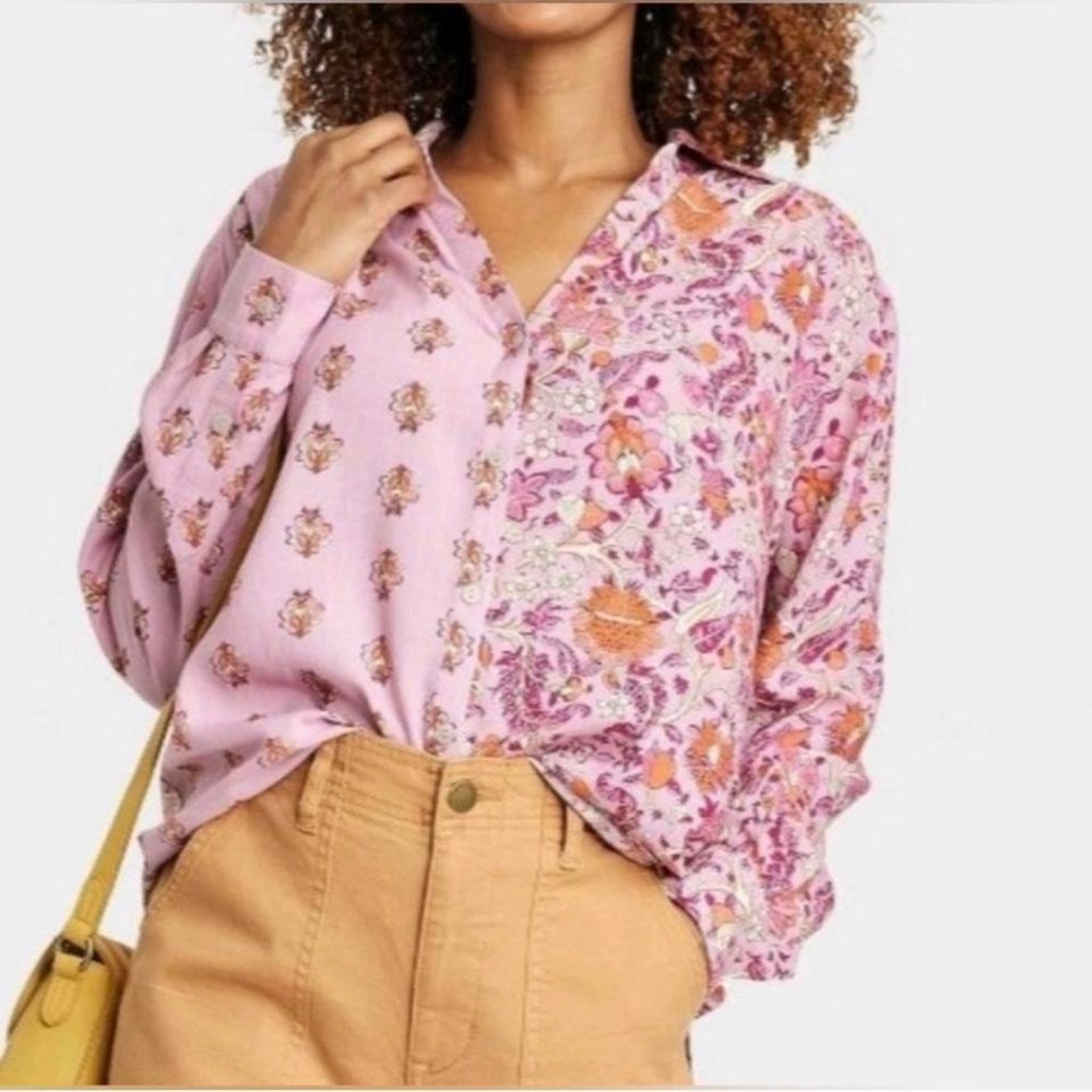 Knox Rose Pink Floral Boho Button‎ Down Shirt Linen Blend M